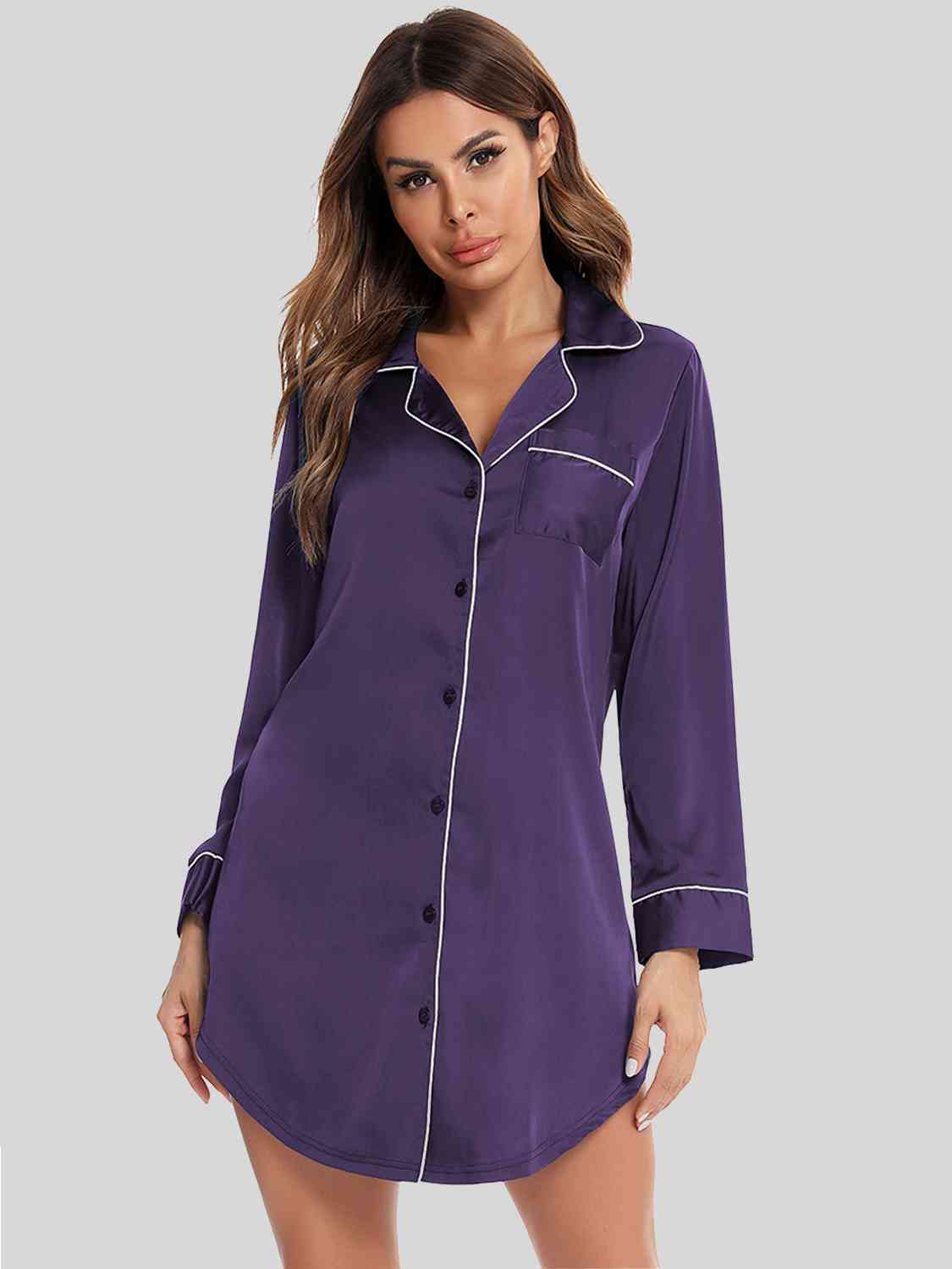 Button Up Lapel Collar Night Dress with Pocket - TRENDMELO