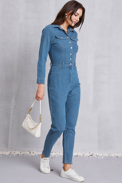 Snap Down Denim Jumpsuit with Pockets - TRENDMELO