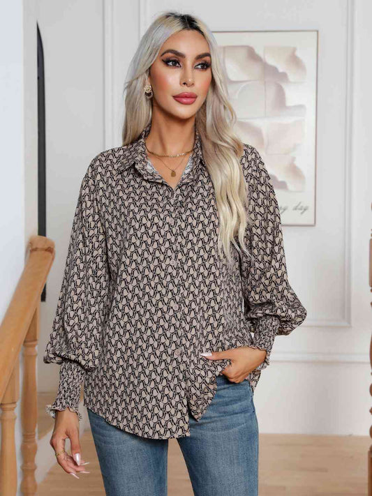 Printed Collared Neck Buttoned Dropped Shouder Shirt - TRENDMELO