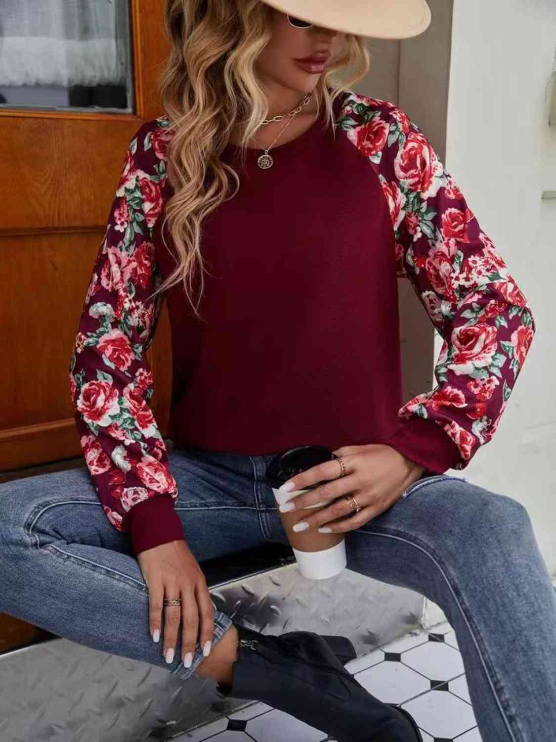 Floral Raglan Sleeve Round Neck Sweatshirt - TRENDMELO