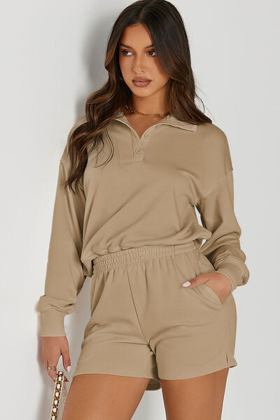 Half Button Sweatshirt and Shorts Active Set - TRENDMELO