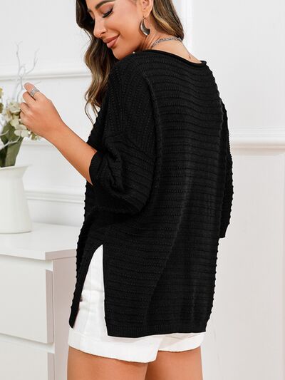 Rolled Round Neck Dropped Shoulder Slit Sweater - TRENDMELO