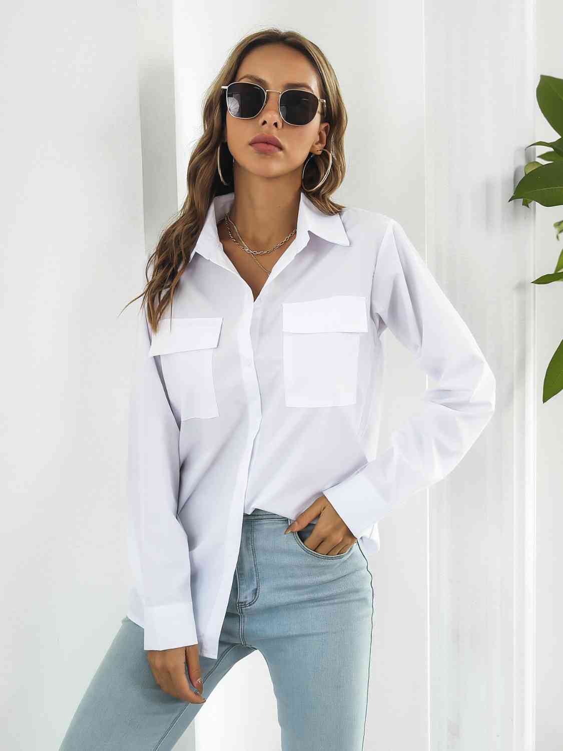 Collared Neck Buttoned Shirt with Pockets - TRENDMELO