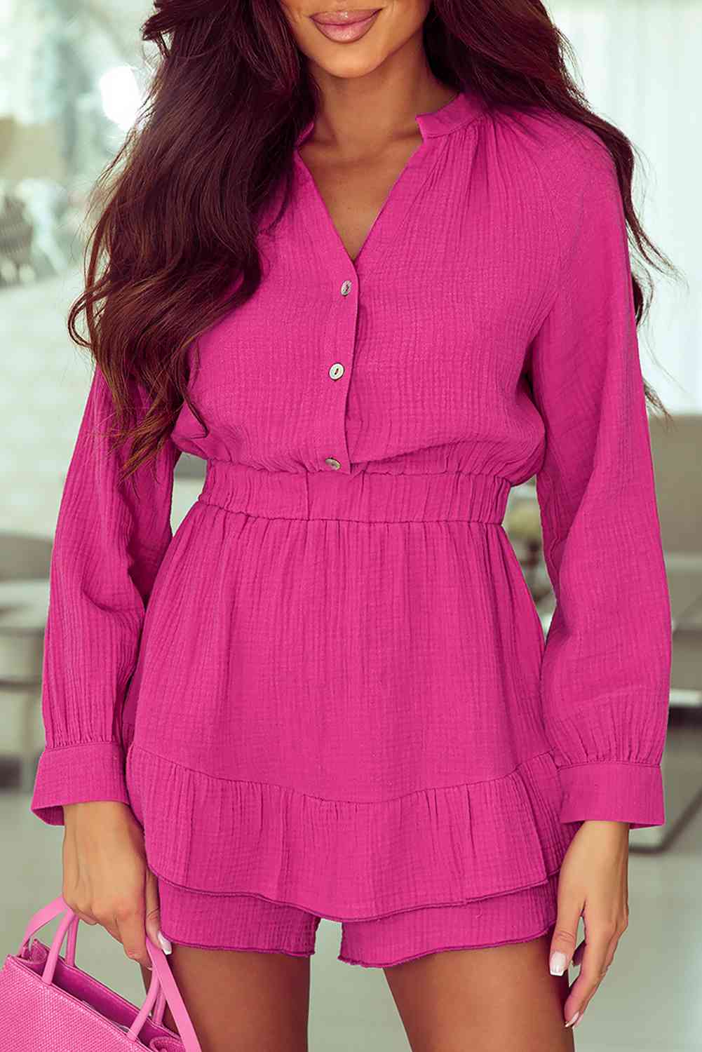 Buttoned Notched Neck Long Sleeve Romper - TRENDMELO