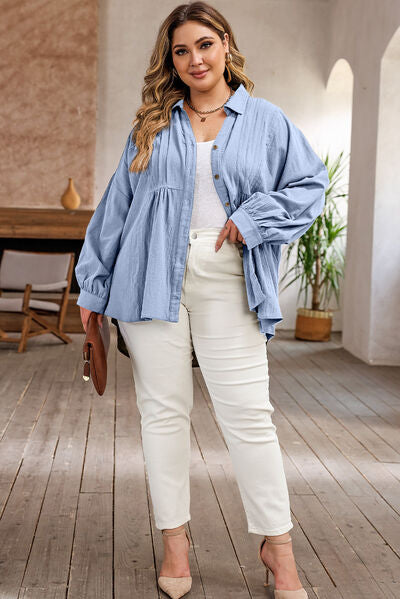 Plus Size High-Low Button Up Dropped Shoulder Shirt - TRENDMELO