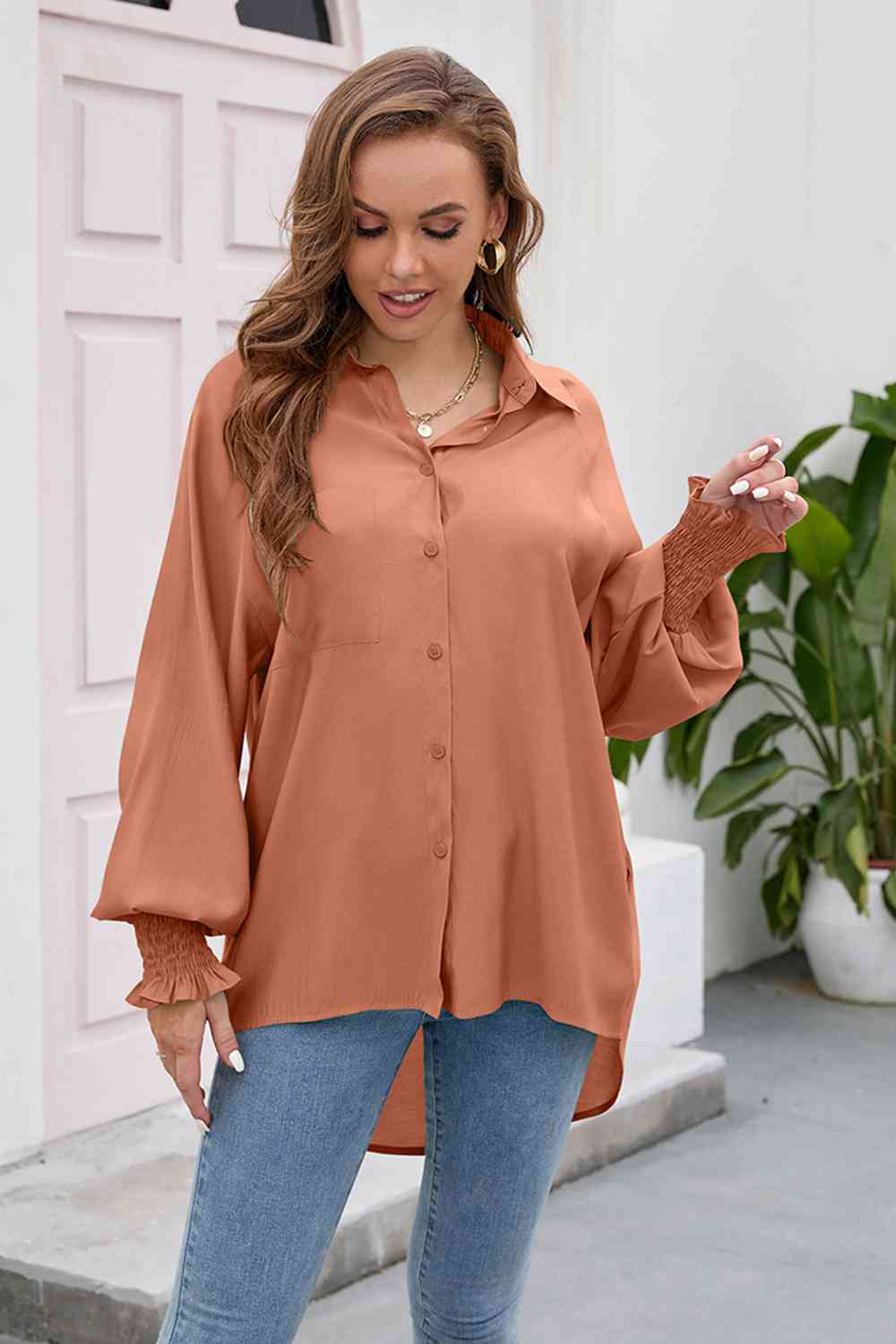 High-Low Collared Neck Lantern Sleeve Shirt - TRENDMELO