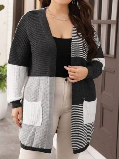 Plus Size Color Block Pocketed Dropped Shoulder Cardigan - TRENDMELO