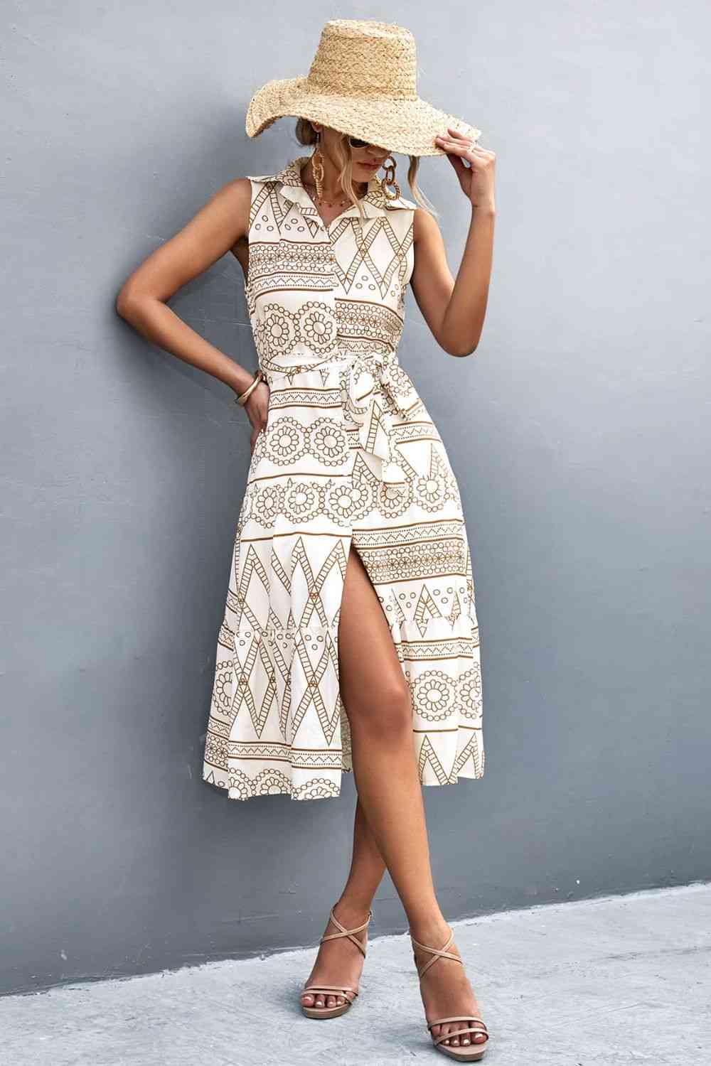 Printed Button Front Tie-Waist Sleeveless Collared Dress - TRENDMELO