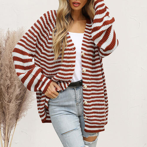 Striped Button Down Long Sleeve Cardigan - TRENDMELO