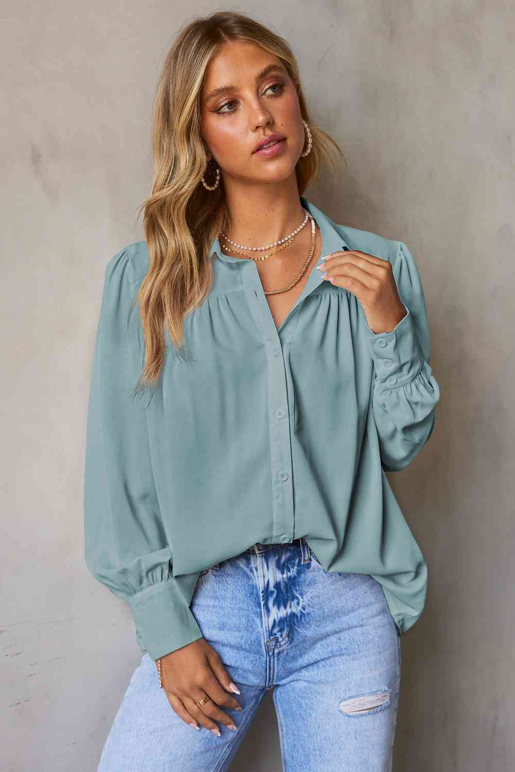 Gathered Detail Puff Sleeve Shirt - TRENDMELO