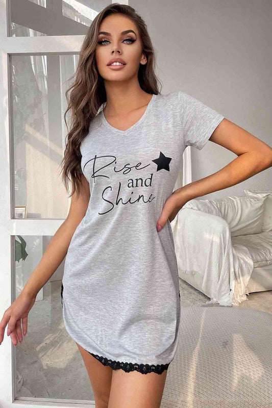 RISE AND SHINE Contrast Lace V-Neck T-Shirt Dress - TRENDMELO