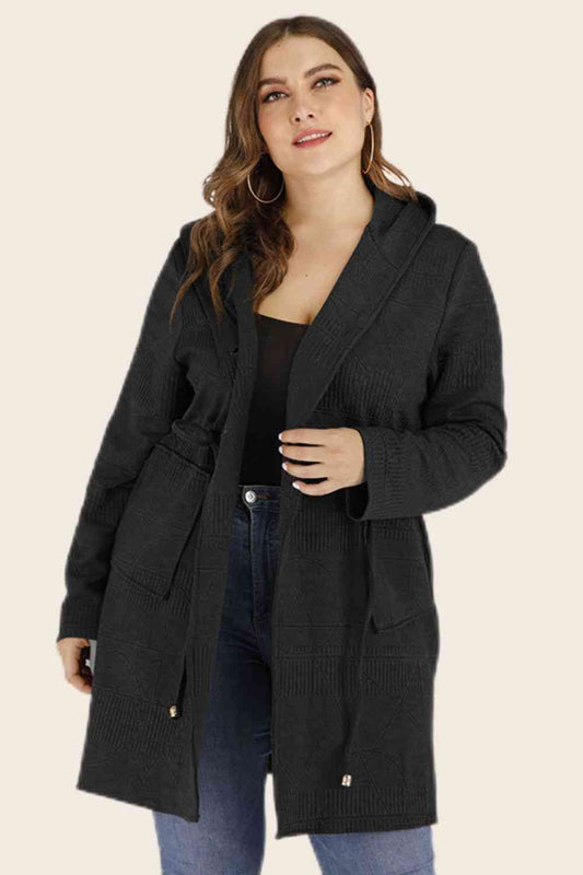 Plus Size Drawstring Waist Hooded Cardigan with Pockets - TRENDMELO