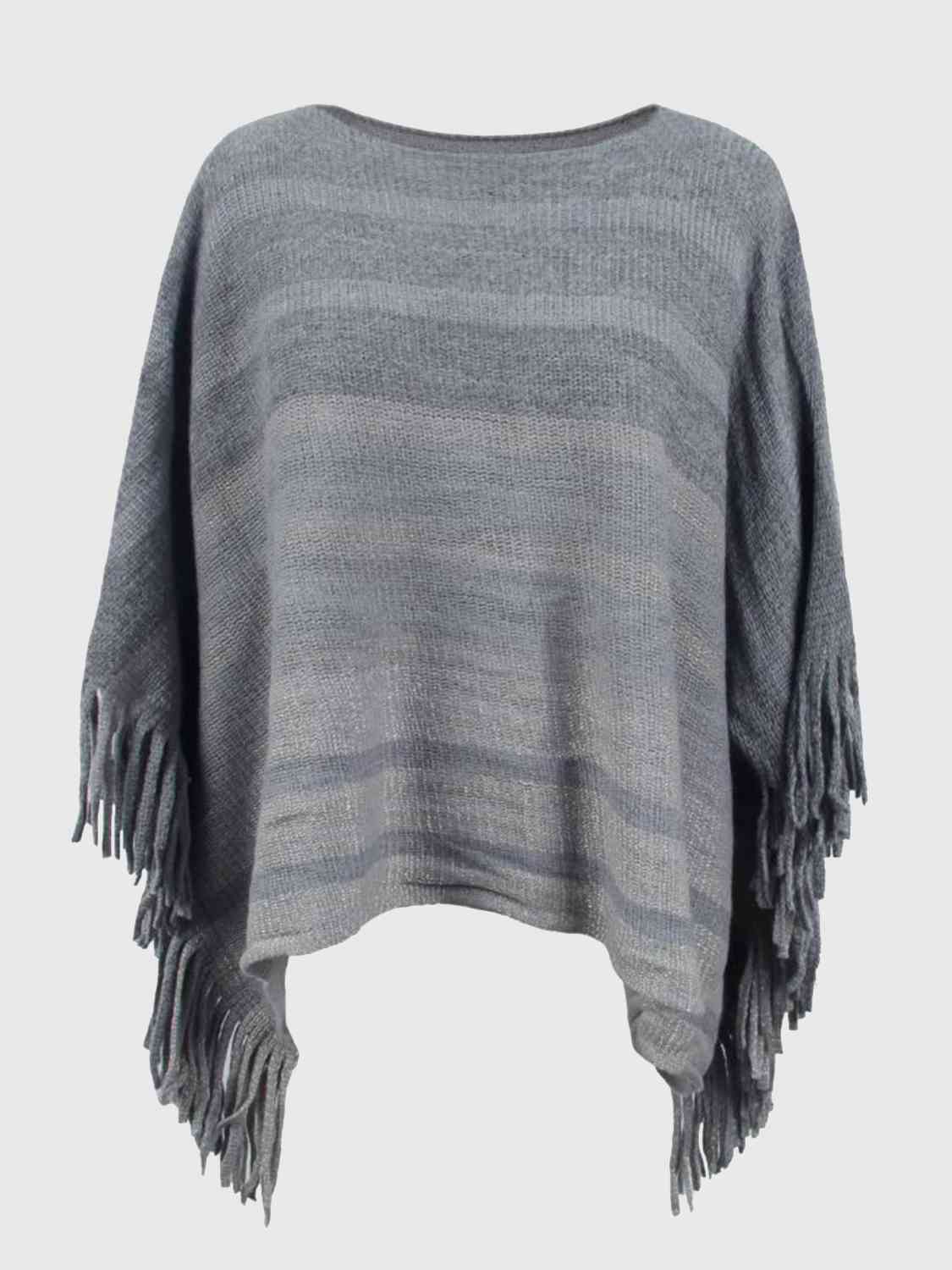 Striped Boat Neck Poncho with Fringes - TRENDMELO