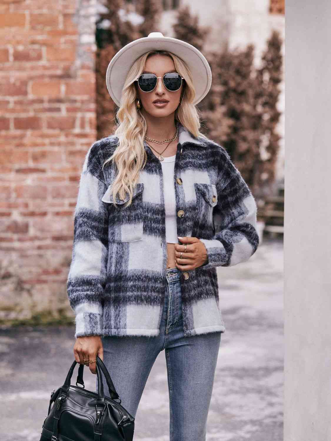 Plaid Dropped Shoulder Collared Jacket - TRENDMELO