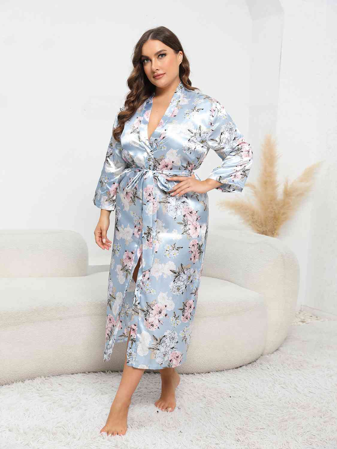 Plus Size Tie Waist Robe - TRENDMELO