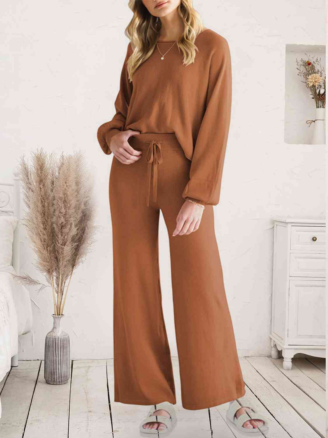 Long Sleeve Lounge Top and Drawstring Pants Set - TRENDMELO