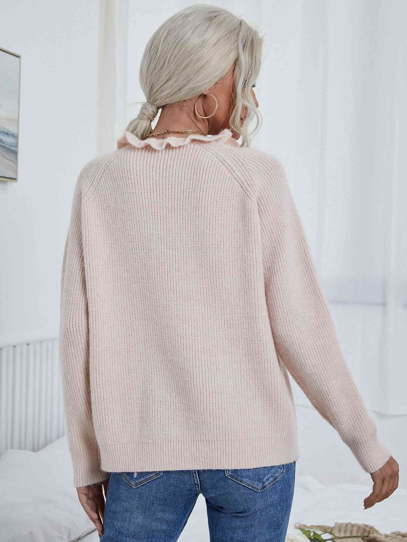 Button Detail Frill Neck Rib-Knit Sweater - TRENDMELO