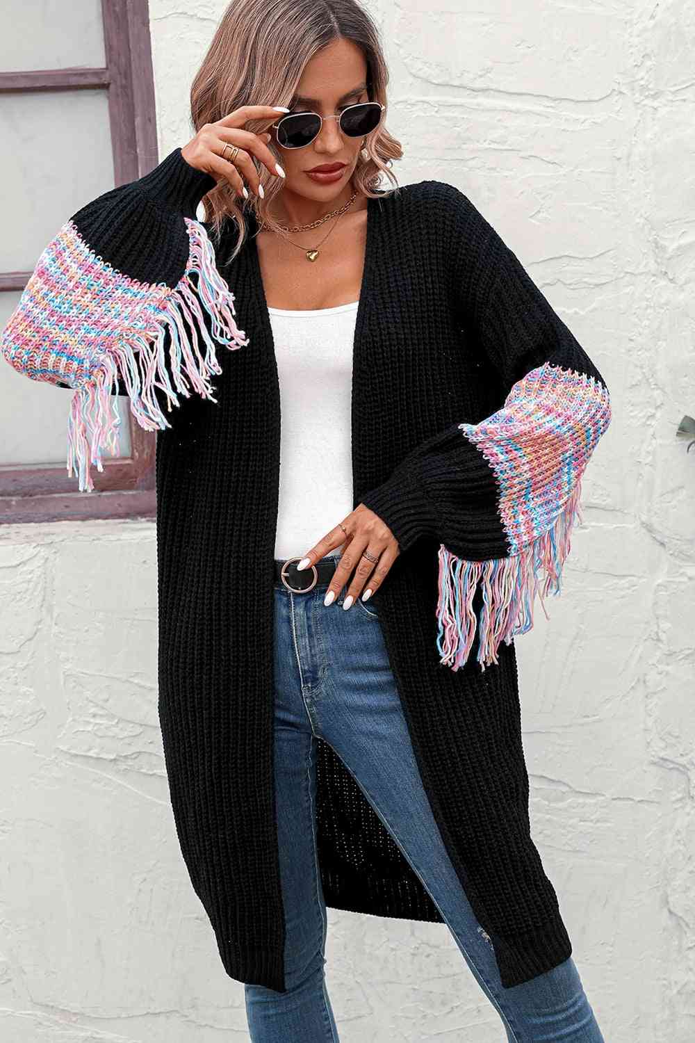 Fringe Sleeve Dropped Shoulder Cardigan - TRENDMELO