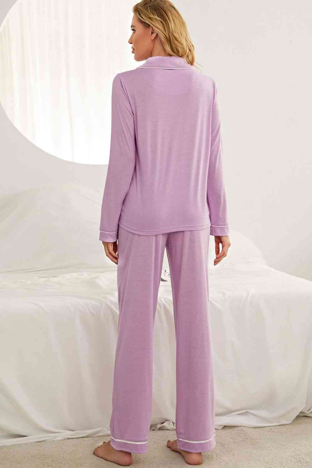 Contrast Piping Button Down Top and Pants Loungewear Set - TRENDMELO