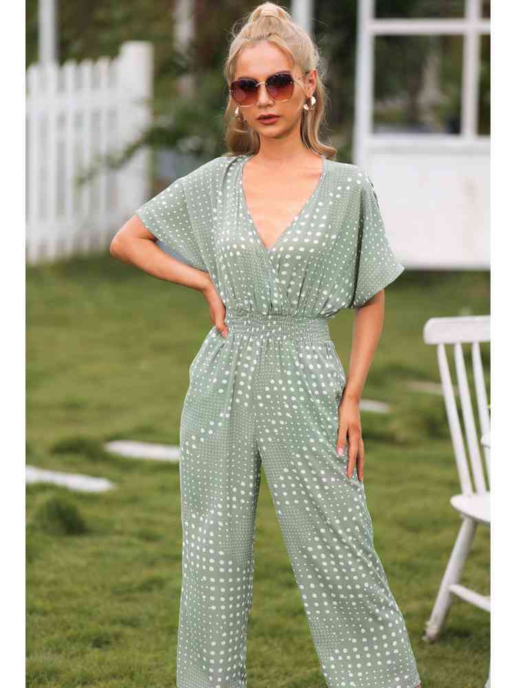 Polka Dot Surplice Neck Jumpsuit with Pockets - TRENDMELO