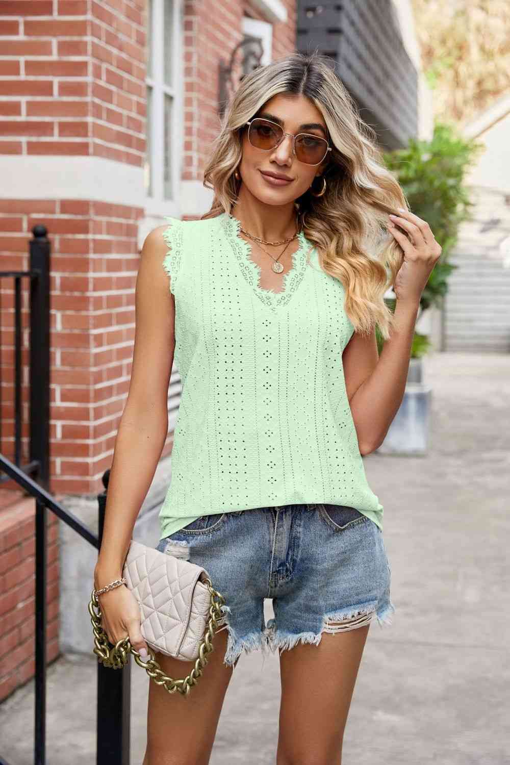 Eyelet Lace Trim Eyelash V-Neck Tank - TRENDMELO