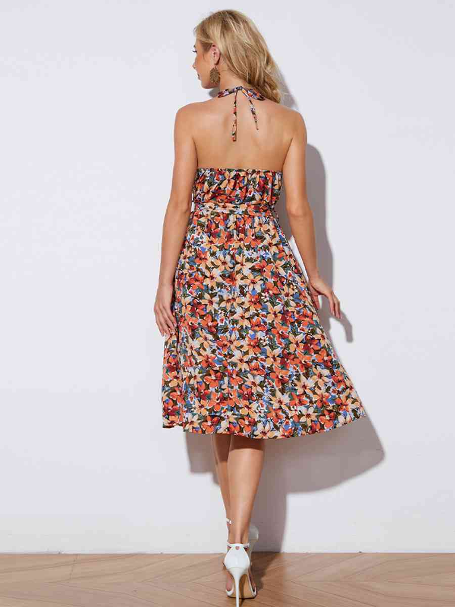 Floral Halter Neck Tie-Waist Backless Dress - TRENDMELO