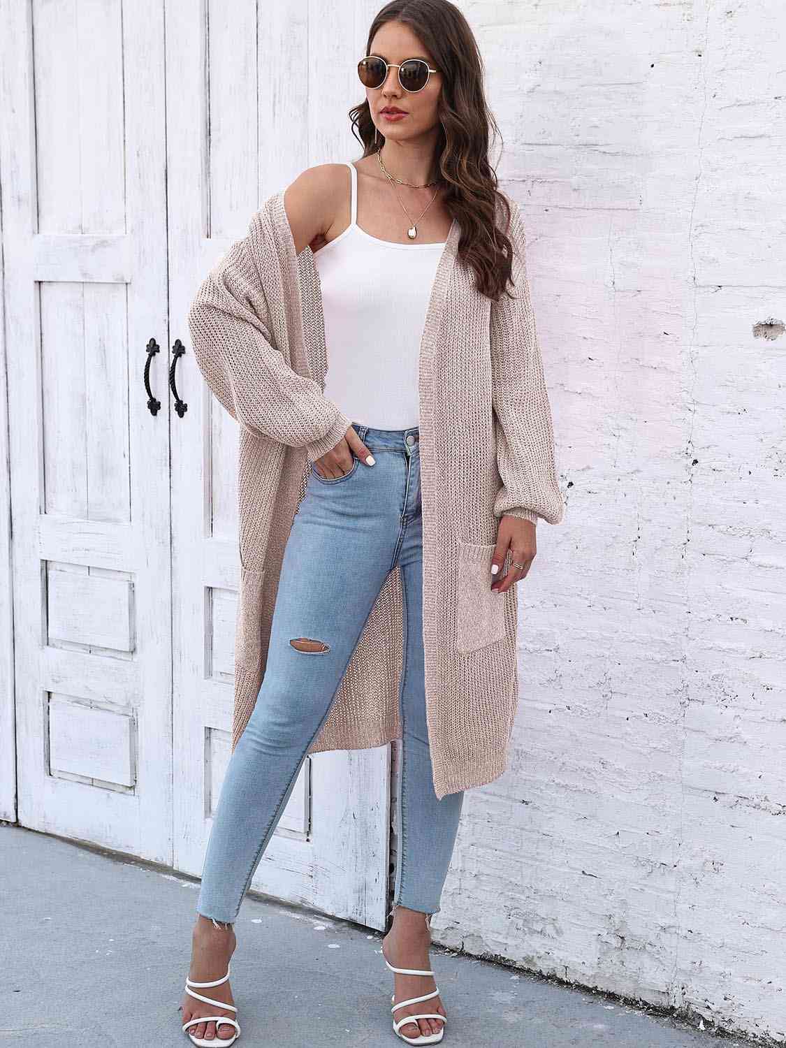 Open Front Longline Cardigan with Pockets - TRENDMELO