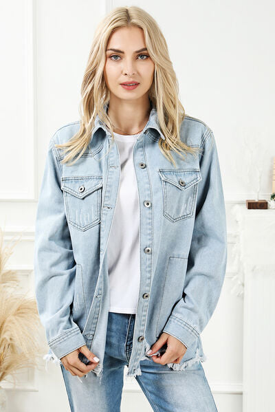 Distressed Button Up Frayed Hem Denim Jacket - TRENDMELO