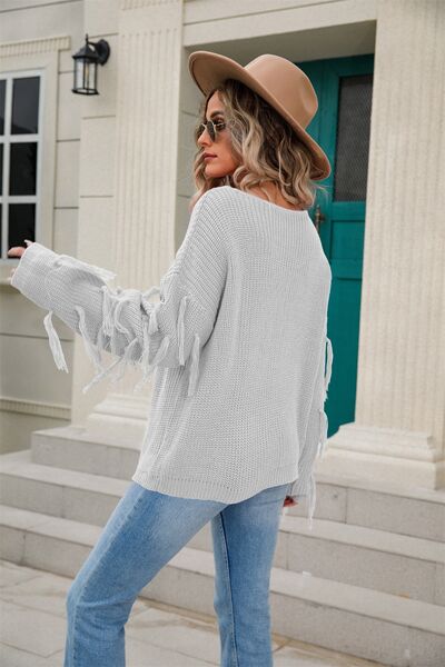 Fringe Round Neck Dropped Shoulder Sweater - TRENDMELO