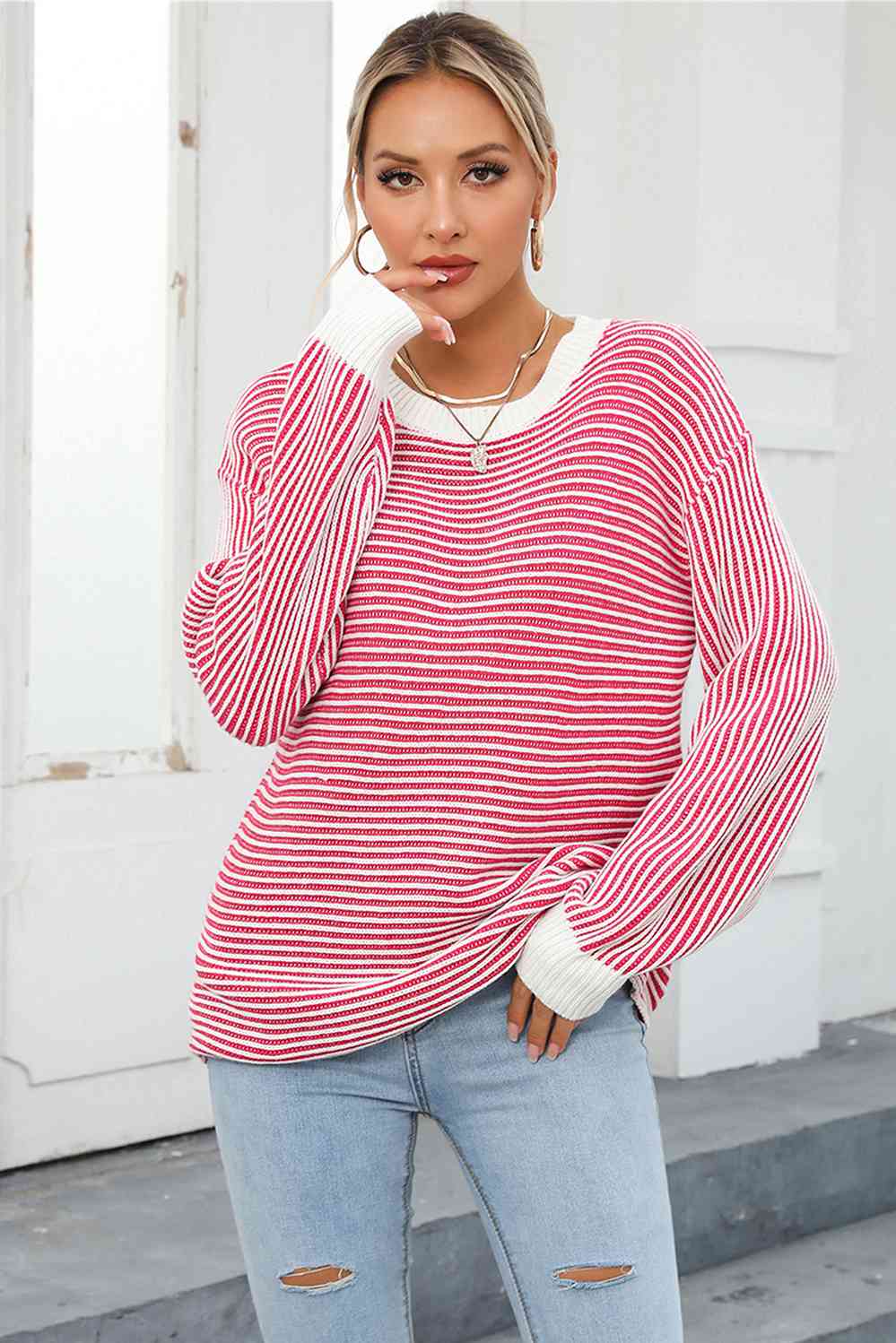 Striped Round Neck Long Sleeve Knit Top - TRENDMELO
