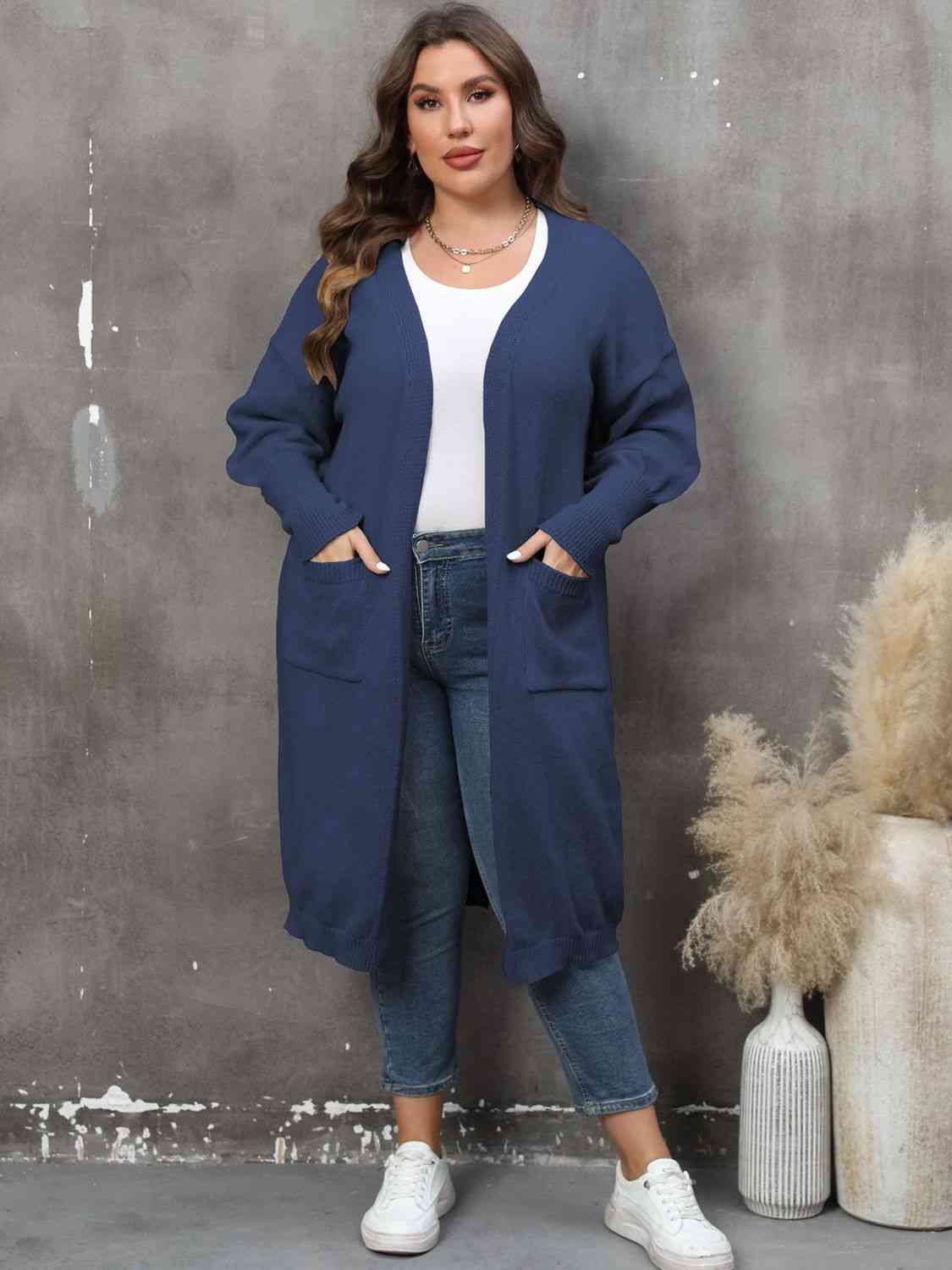 Plus Size Long Sleeve Pocketed Cardigan - TRENDMELO