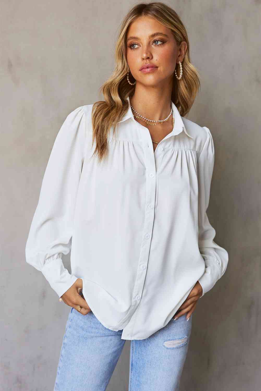 Gathered Detail Puff Sleeve Shirt - TRENDMELO