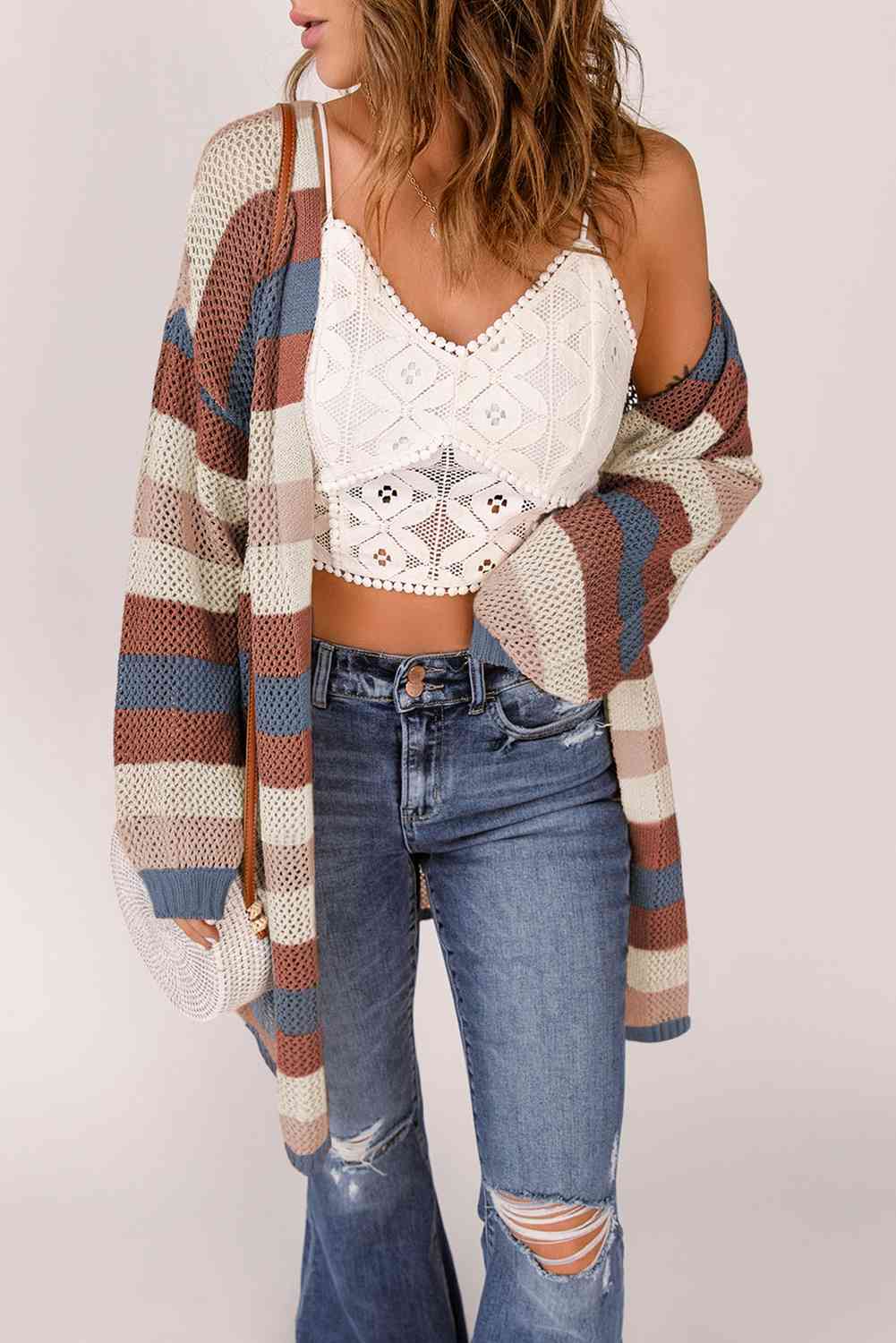 Full Size Striped Long Sleeve Openwork Cardigan - TRENDMELO