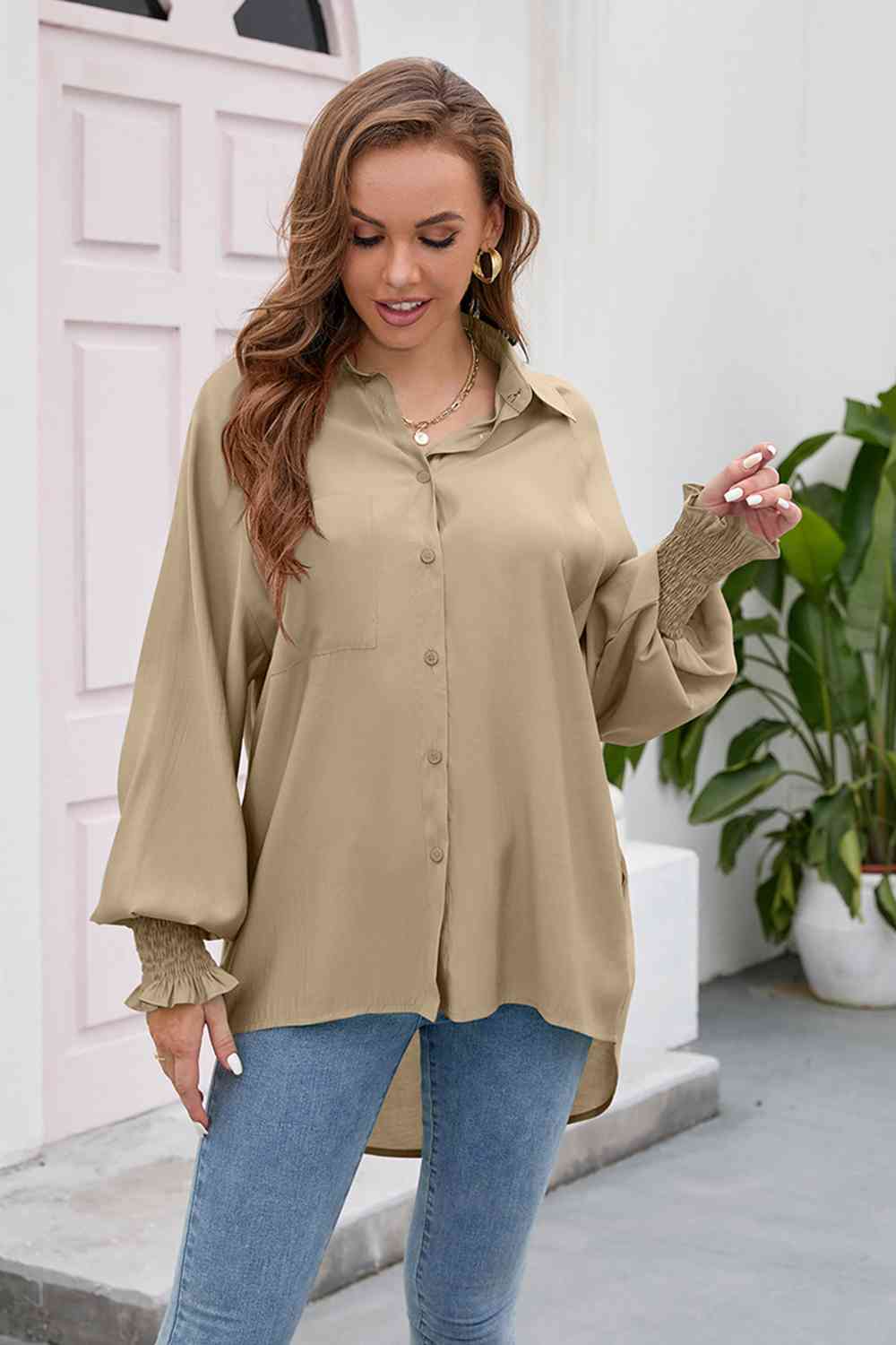 High-Low Collared Neck Lantern Sleeve Shirt - TRENDMELO