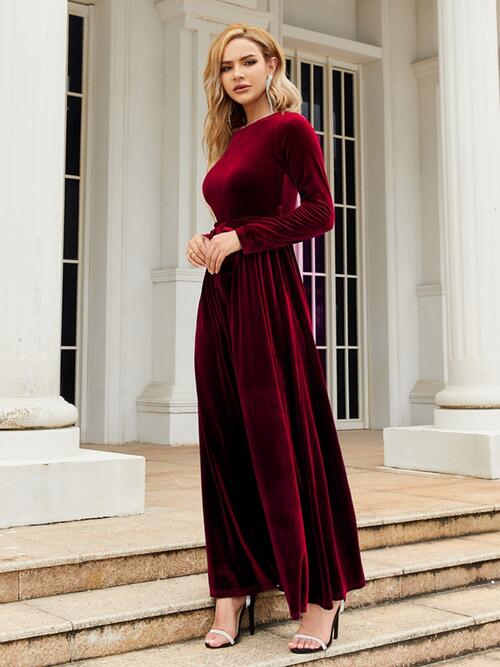 Tie Front Round Neck Long Sleeve Maxi Dress - TRENDMELO