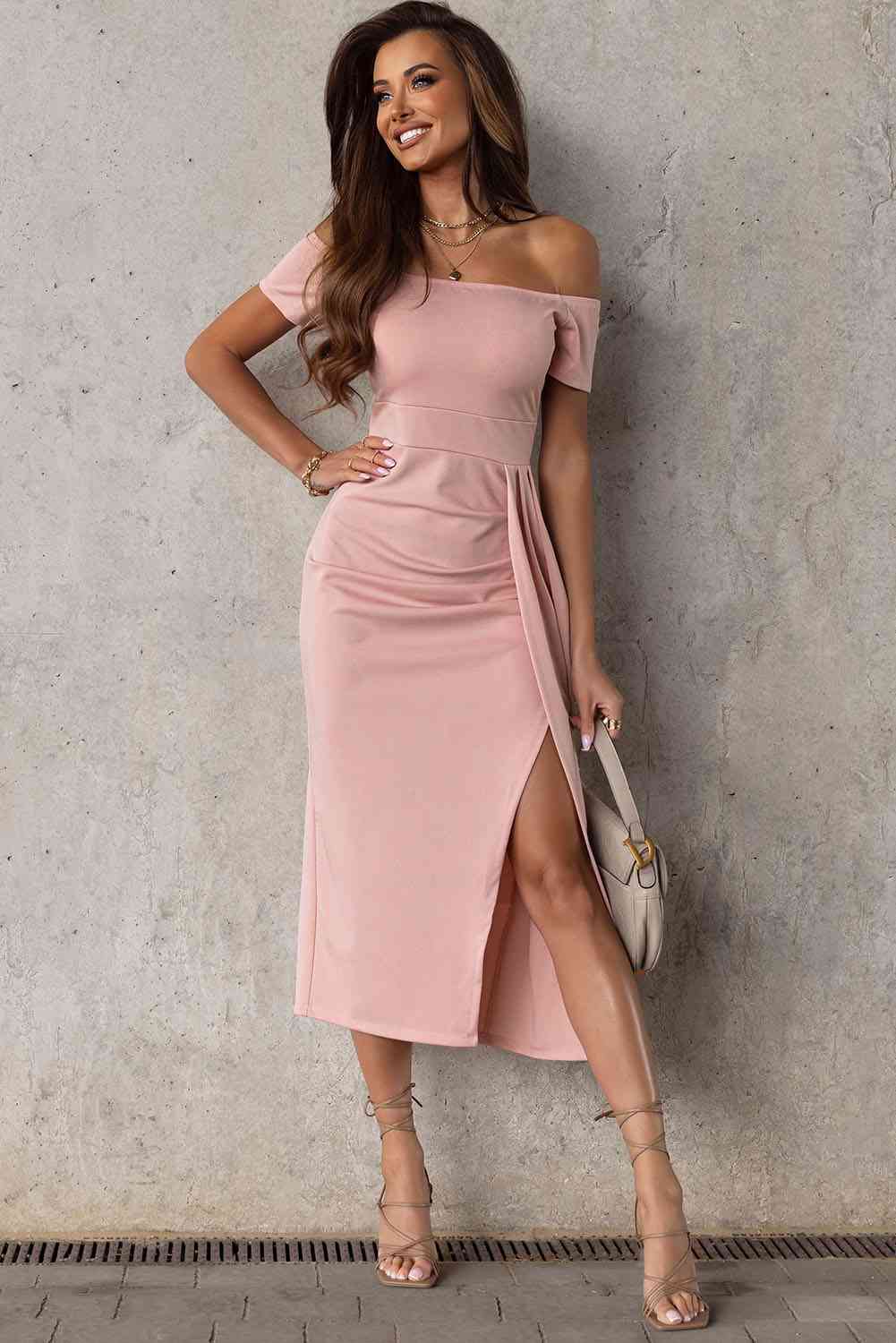 Off-Shoulder Short Sleeve Split Dress - TRENDMELO