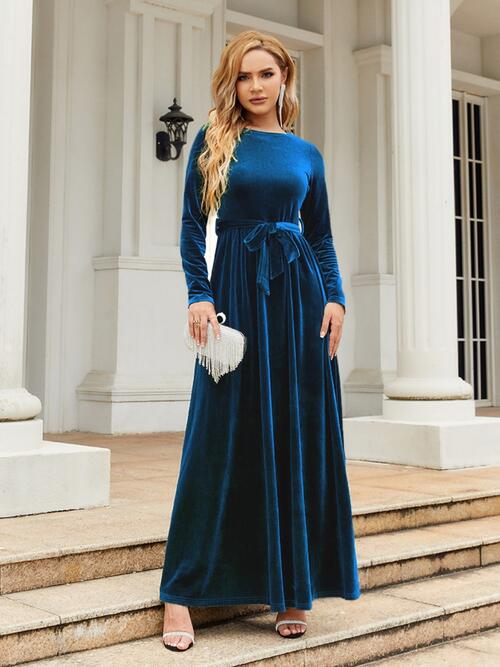 Tie Front Round Neck Long Sleeve Maxi Dress - TRENDMELO