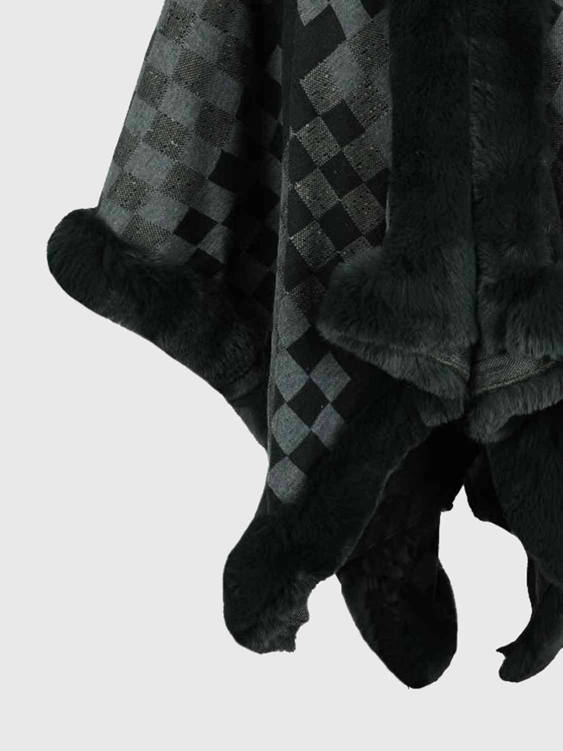 Checkered Faux Fur Trim Poncho - TRENDMELO