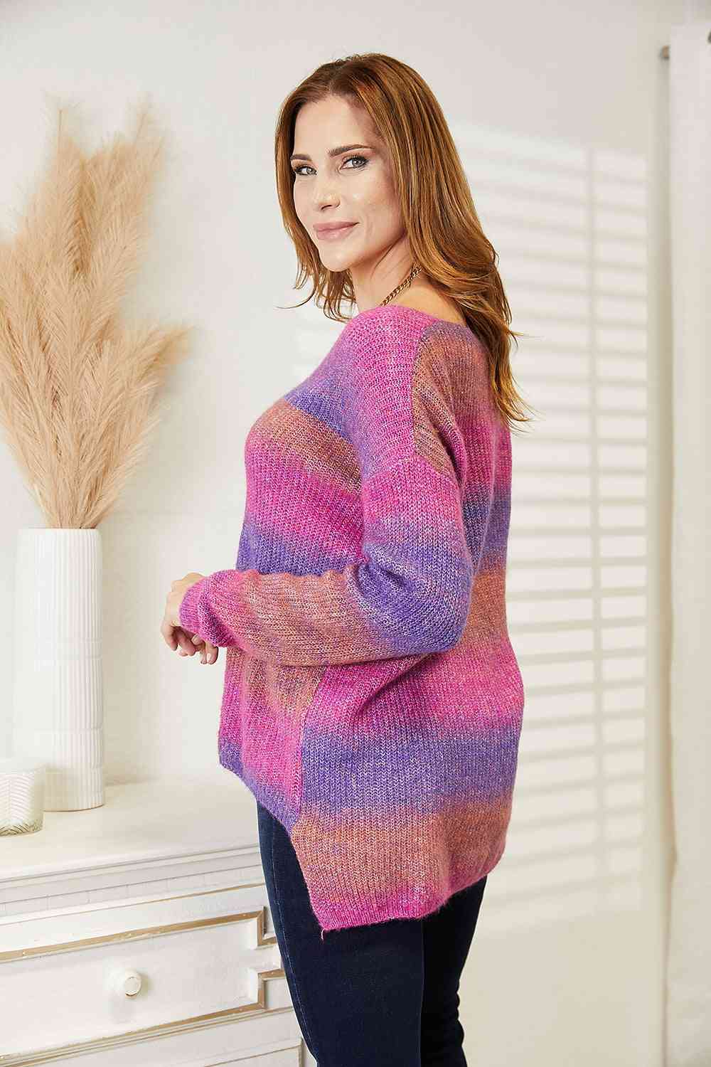 Double Take Multicolored Rib-Knit V-Neck Knit Pullover - TRENDMELO