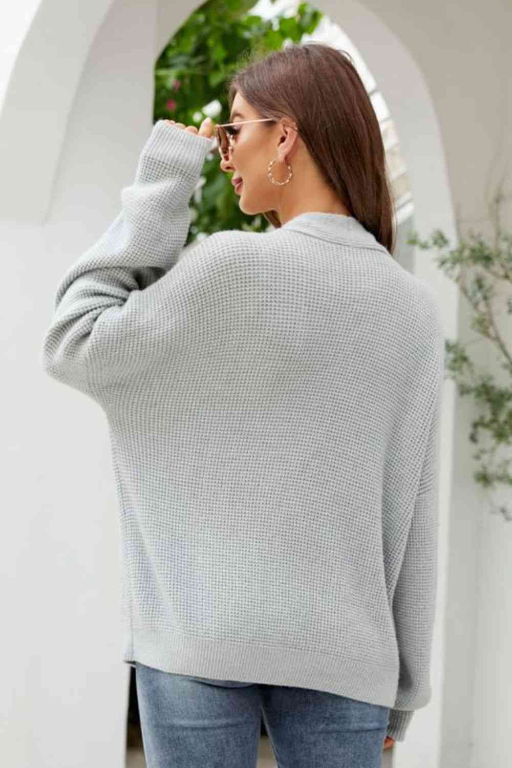 Waffle-Knit Dropped Shoulder Cardigan - TRENDMELO