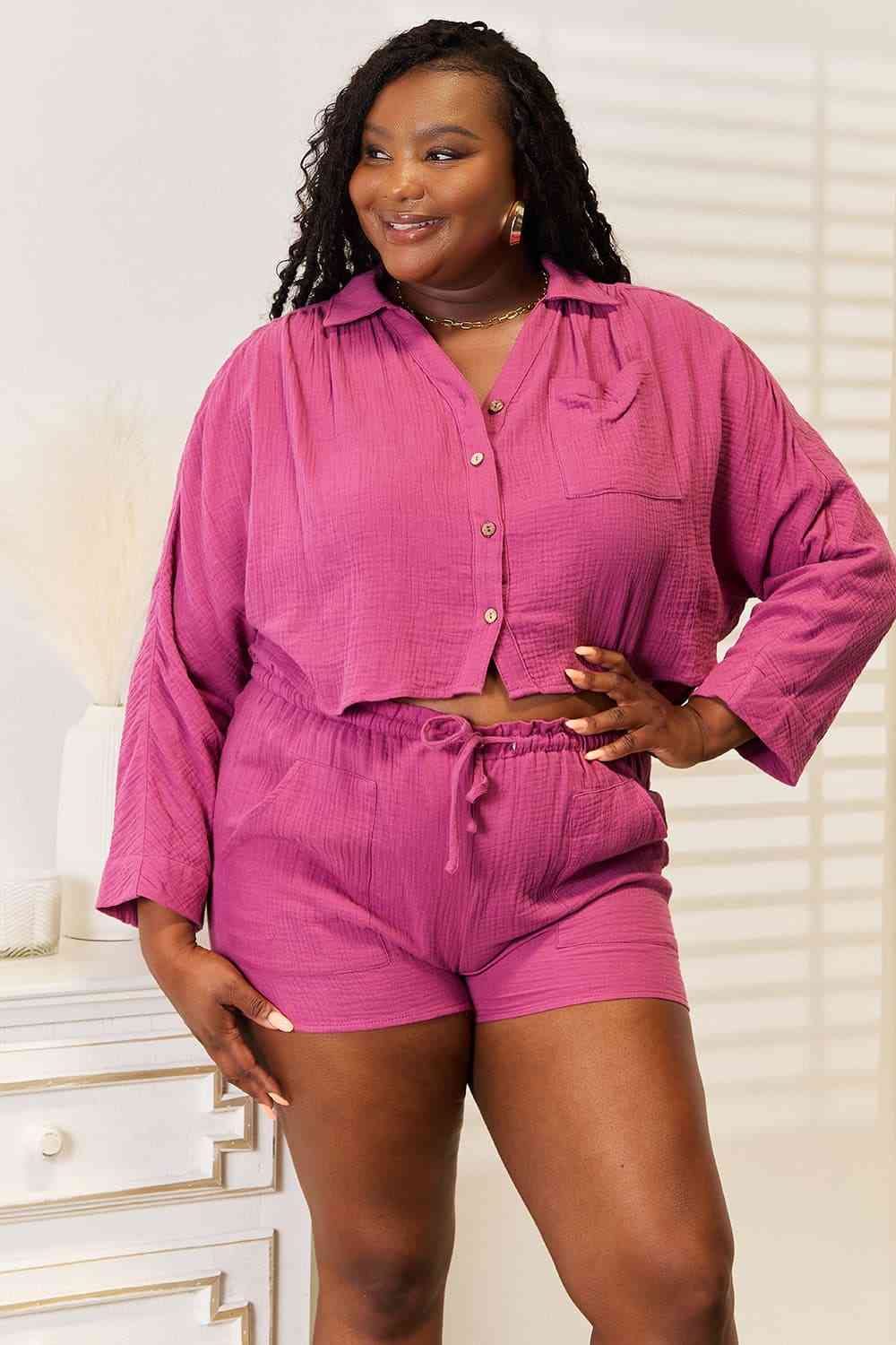 Basic Bae Buttoned Long Sleeve Top and Shorts Set - TRENDMELO