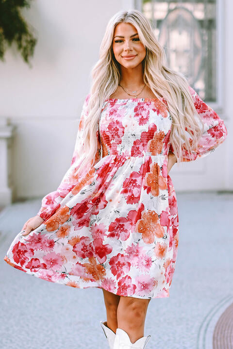 Floral Smocked Square Neck Long Sleeve Dress - TRENDMELO