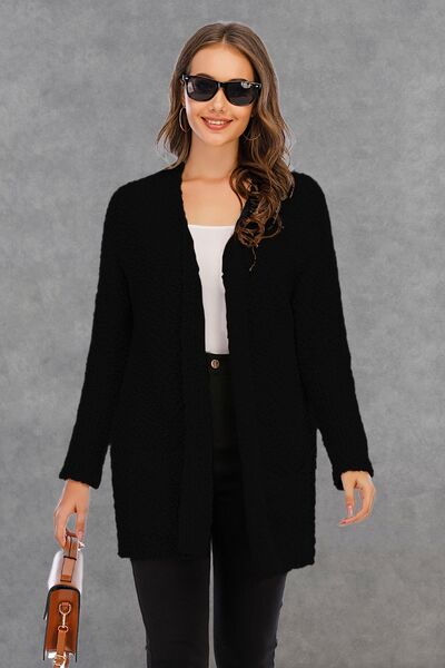 Pocketed Open Front Long Sleeve Cardigan - TRENDMELO