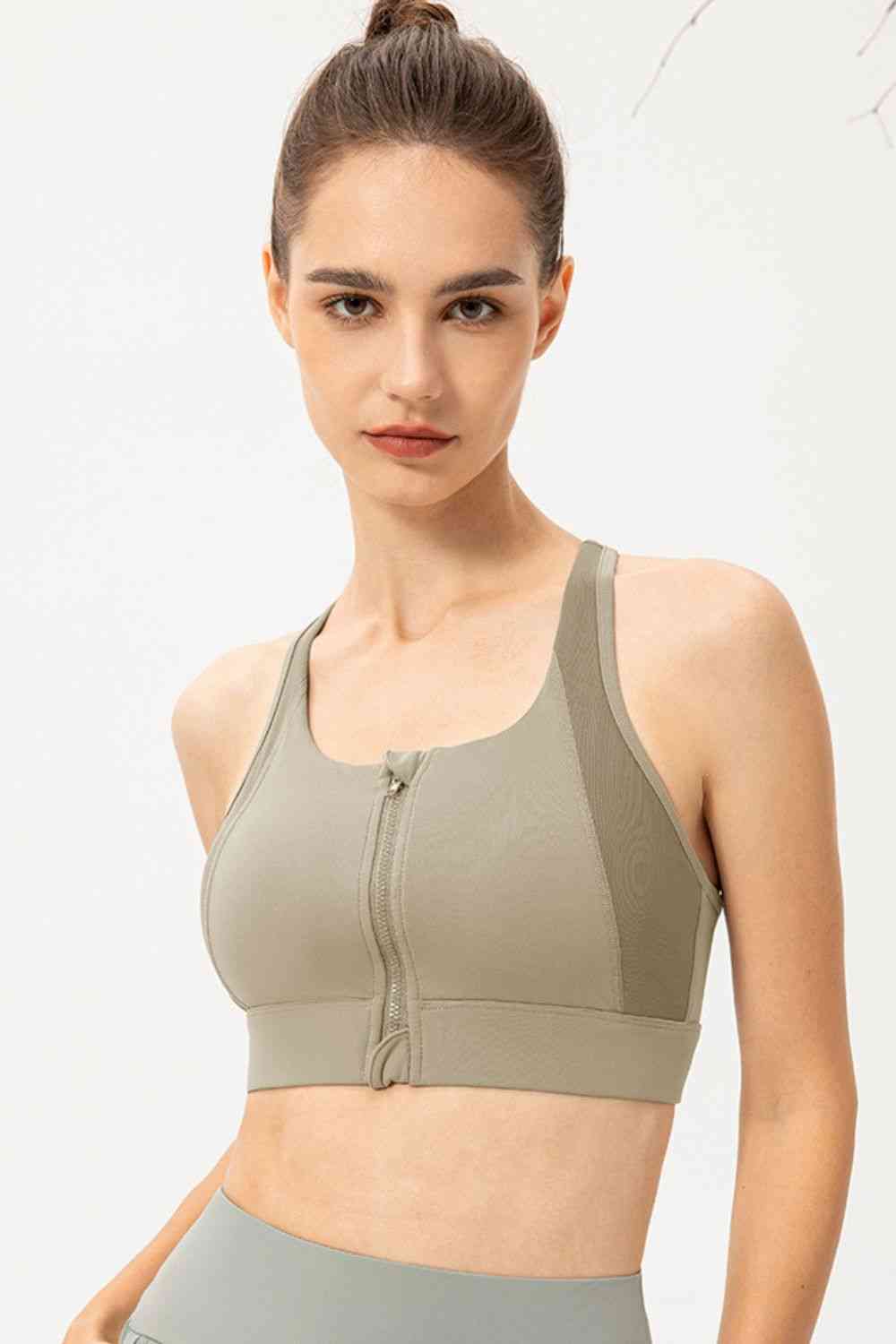 Zip-Up Round Neck Sports Bra - TRENDMELO