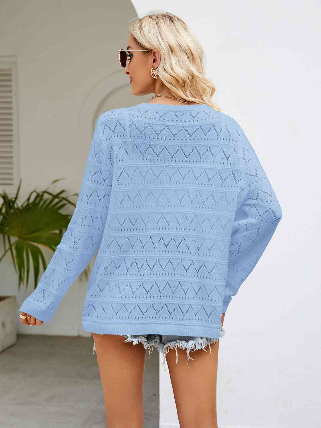 Round Neck Openwork Long Sleeve Knit Top - TRENDMELO