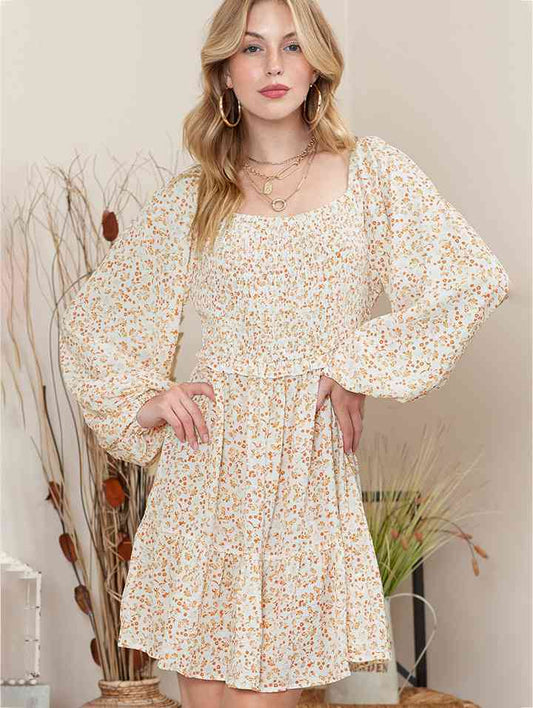 Printed Square Neck Long Sleeve Smocked Dress - TRENDMELO