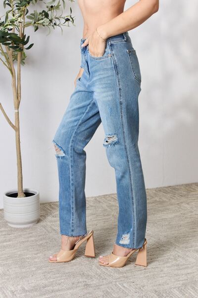 Judy Blue Full Size Distressed Raw Hem Straight Jeans - TRENDMELO