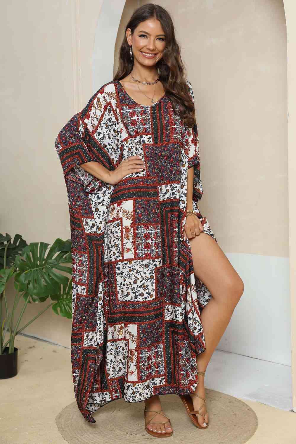 Printed V-Neck Split Maxi Dress - TRENDMELO