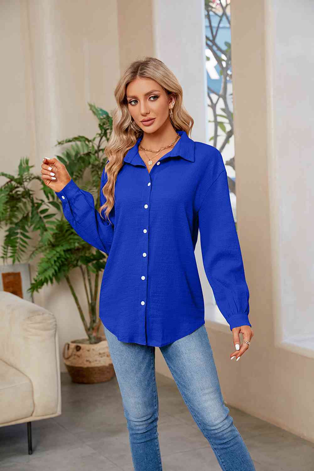 Collared Neck Buttoned Long Sleeve Shirt - TRENDMELO