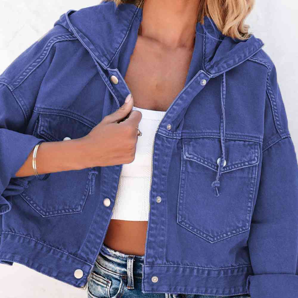 Hooded Dropped Shoulder Denim Jacket - TRENDMELO